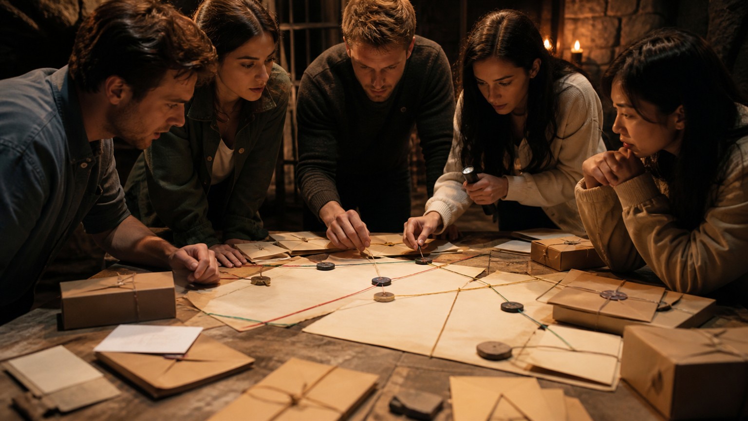 A team gathered around blank envelopes, sealed boxes, colored string, and abstract tokens for a puzzle hunt event.