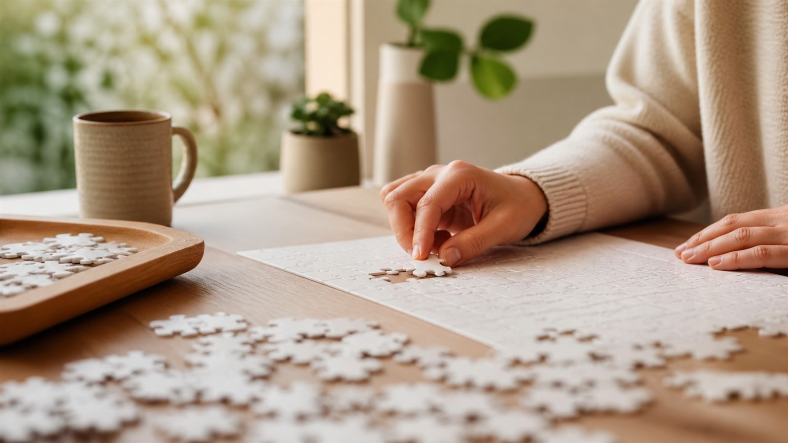 Adult hands calmly placing a blank puzzle piece on a serene tabletop by a window.
