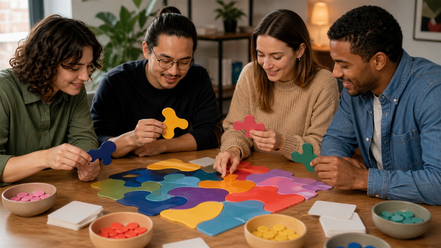 Four people collaboratively arranging colorful abstract puzzle tiles with blank cards and token bowls nearby.