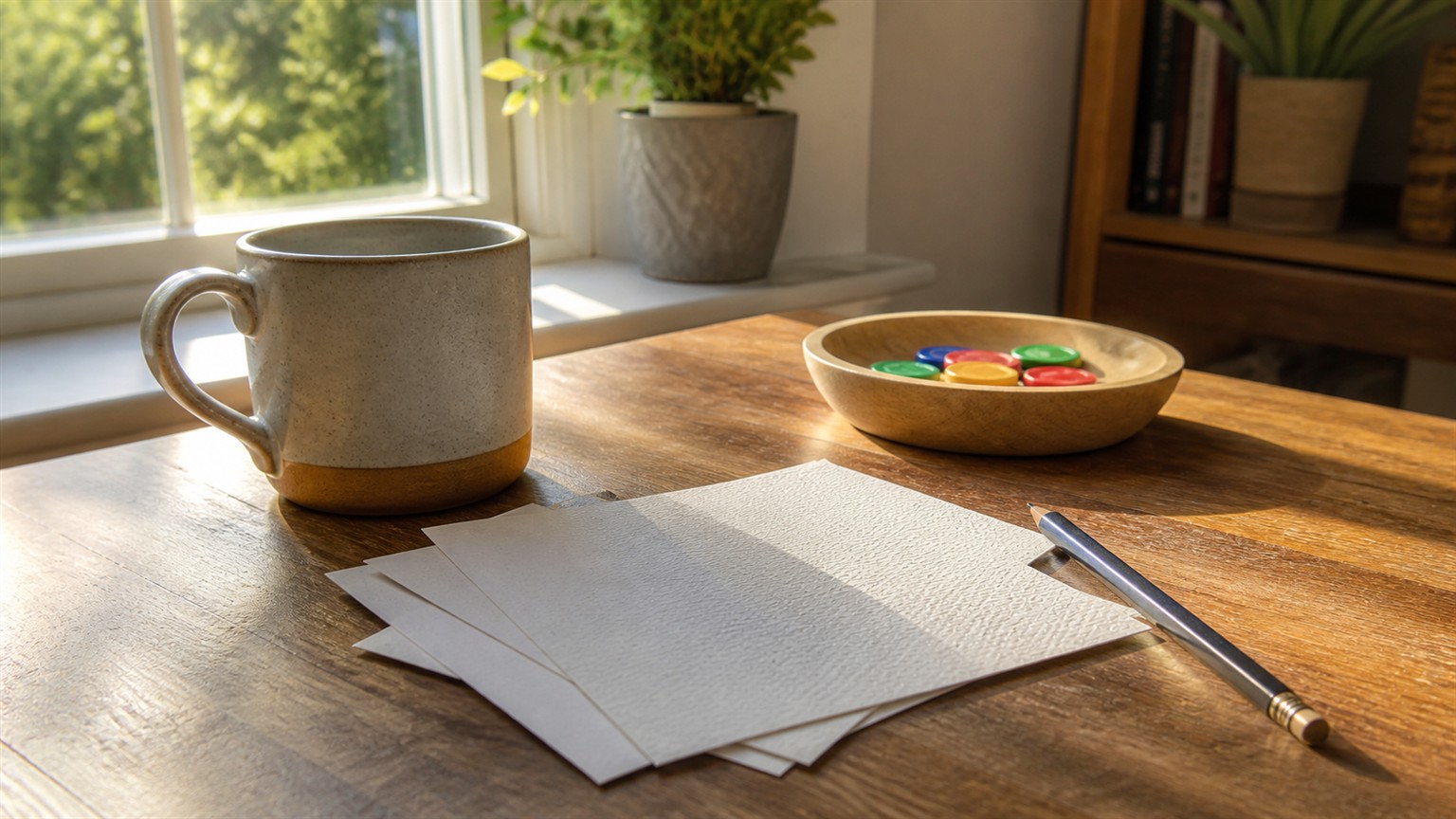 A calm morning table with blank puzzle sheets, a mug, a pencil, and colored tokens in sunlight.