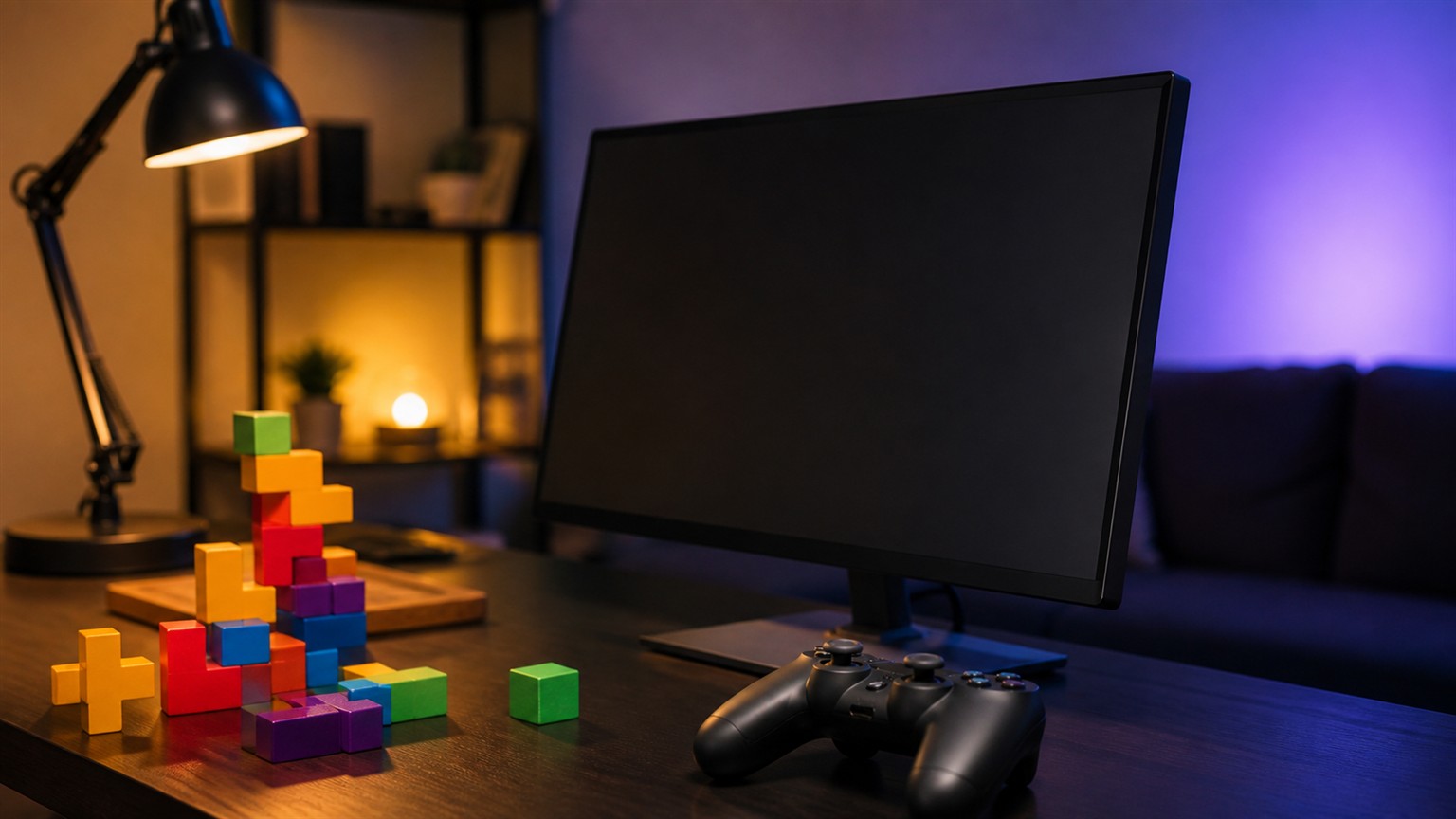 A cozy gaming desk with an unbranded controller, a blank angled monitor, and colorful geometric puzzle blocks.