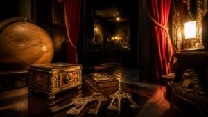 An elegant escape room set with antique keys, ornate boxes, theatrical curtains, and a label-free globe.