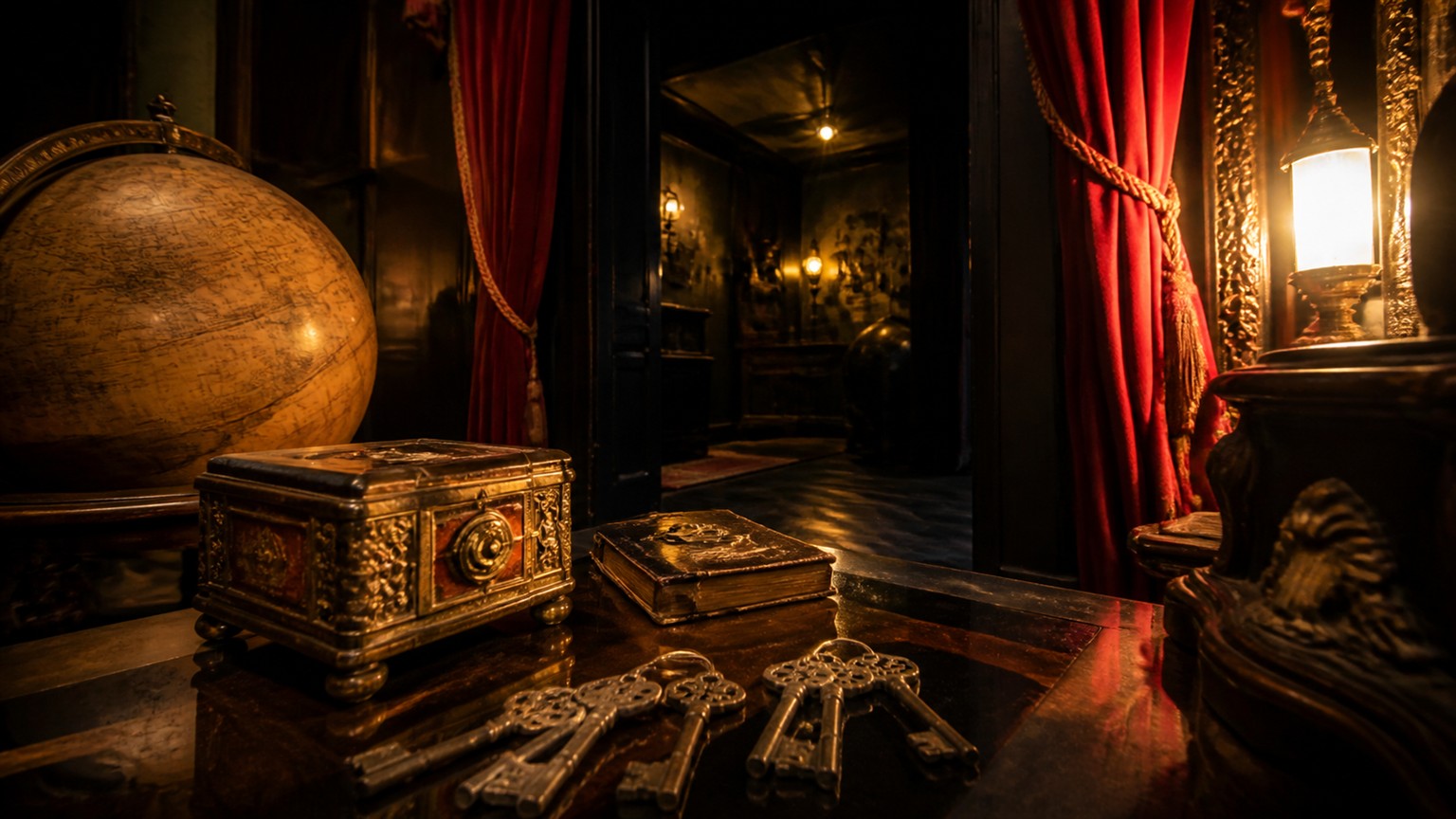 An elegant escape room set with antique keys, ornate boxes, theatrical curtains, and a label-free globe.