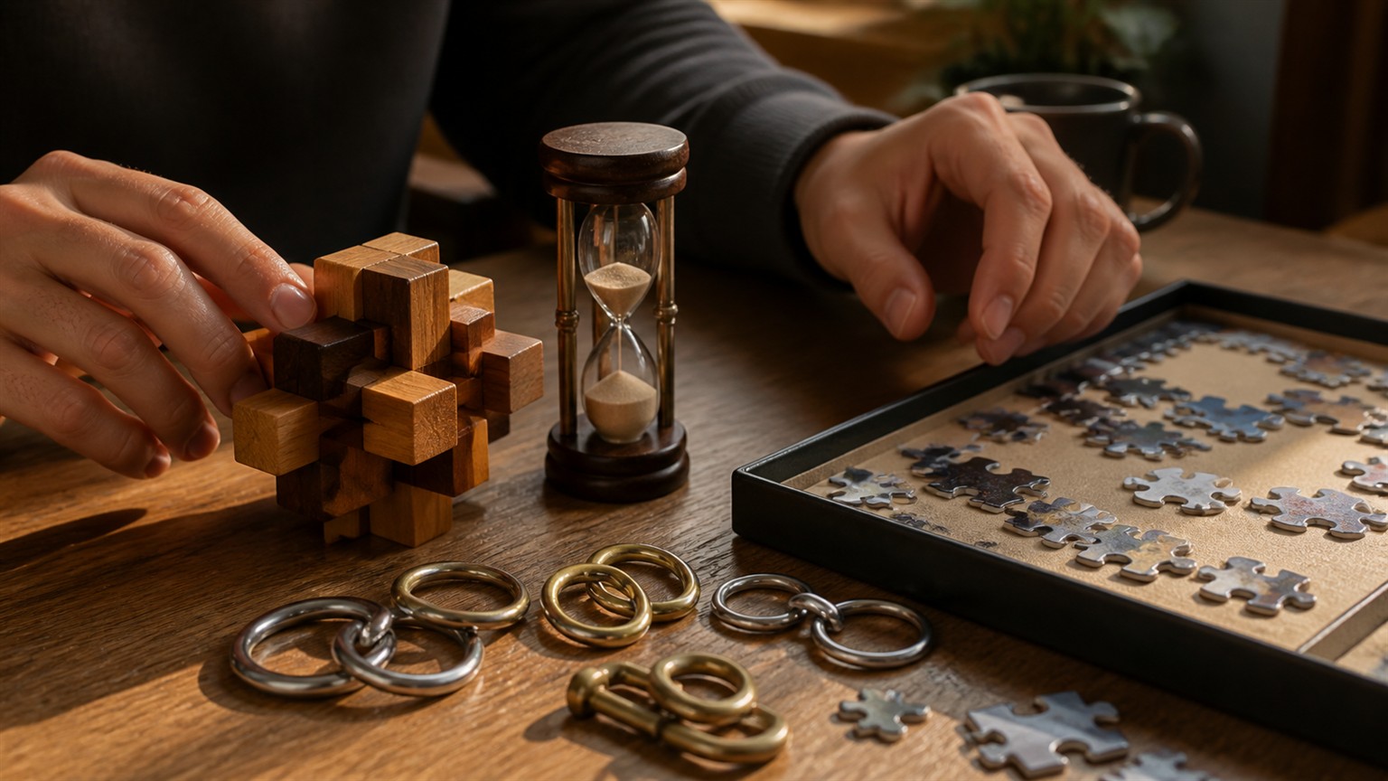 A tabletop home puzzle challenge setup with a wooden burr puzzle, interlocking rings, a jigsaw tray, and a sand timer.