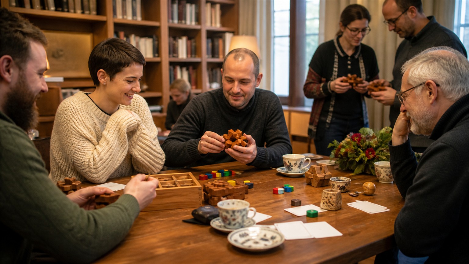 People at a puzzle event gathering around tables of colorful abstract twisty and wooden puzzle objects.