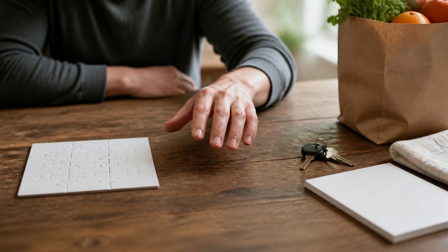 A hand hovering between a completed blank puzzle grid and everyday objects on a wooden table.