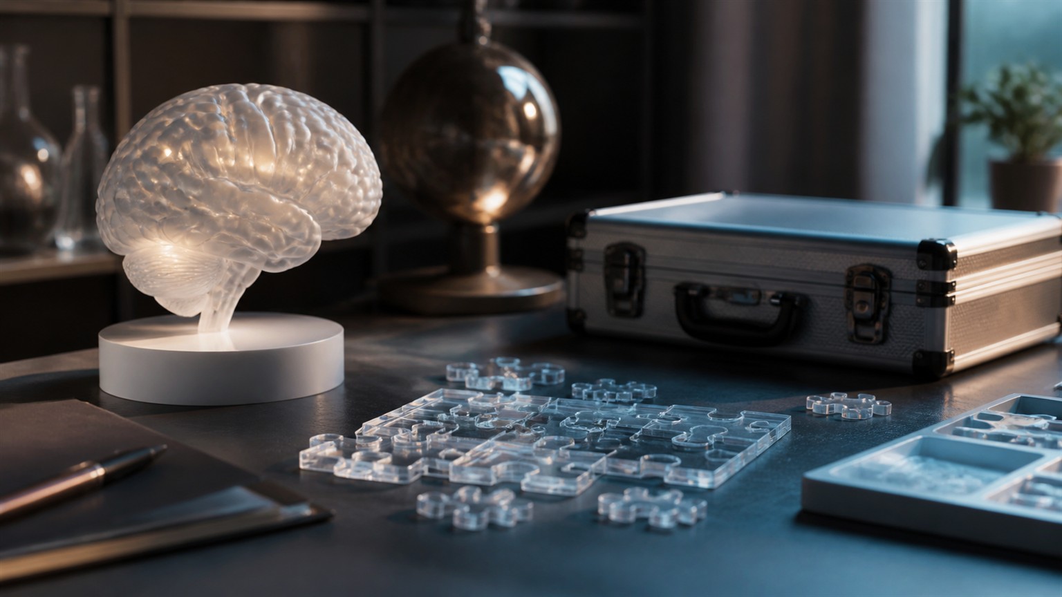 Translucent puzzle pieces, a softly lit brain model, and a closed metallic case on a futuristic research table.