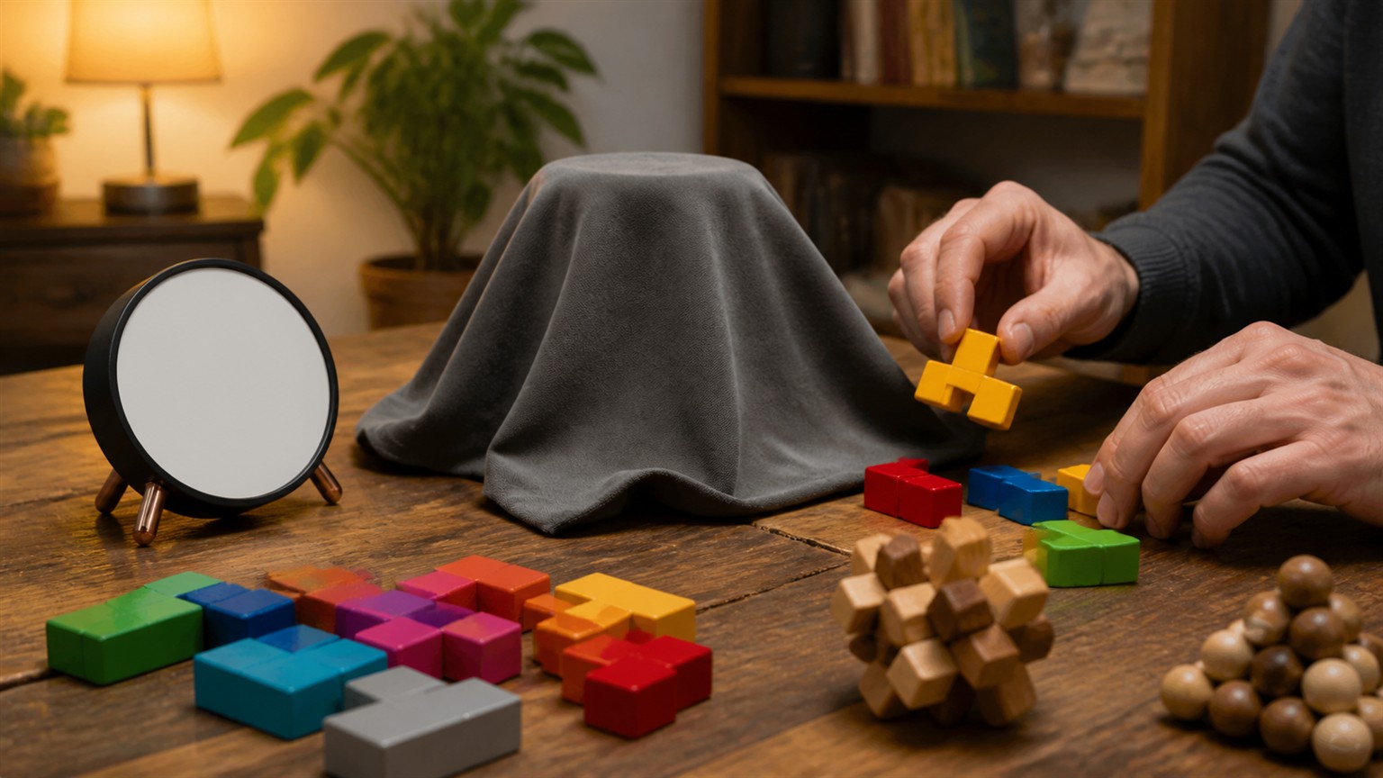 Colorful wooden blocks, a covered novelty object, and hands arranging puzzle pieces on a table.