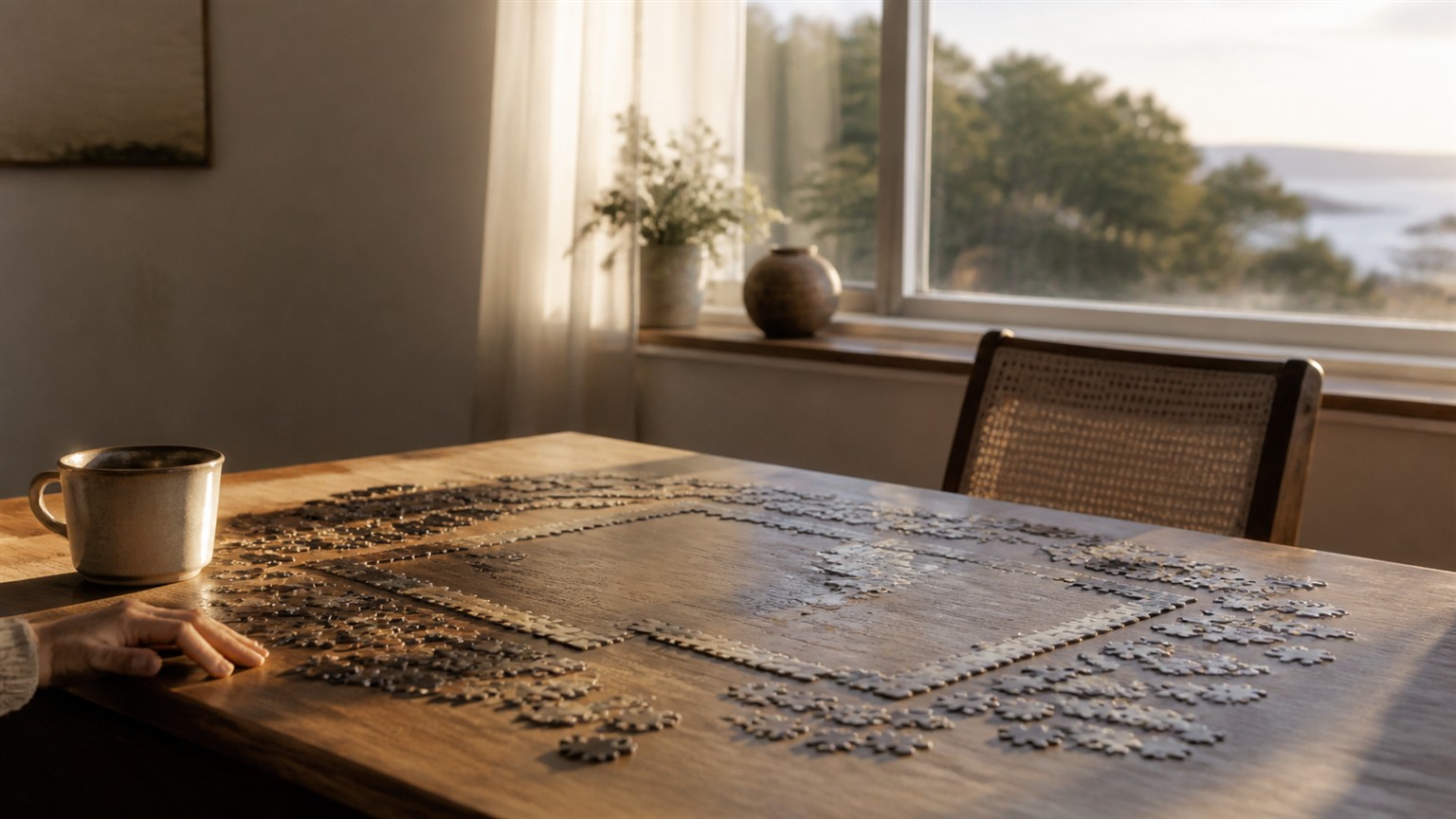 A partially solved blank jigsaw puzzle left paused on a sunlit table beside a window.