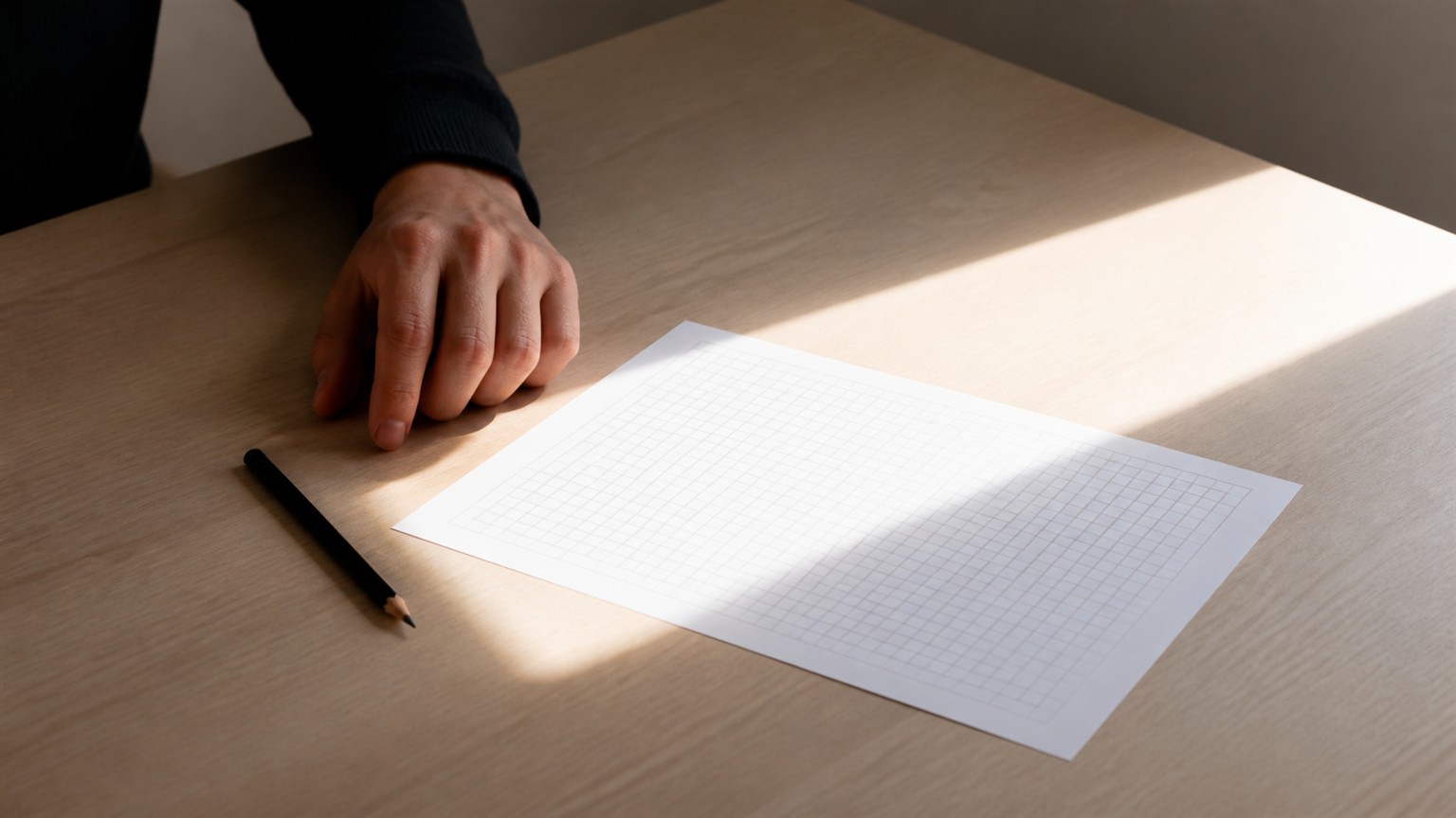 A quiet desk with a pale blank puzzle grid in a narrow beam of daylight.