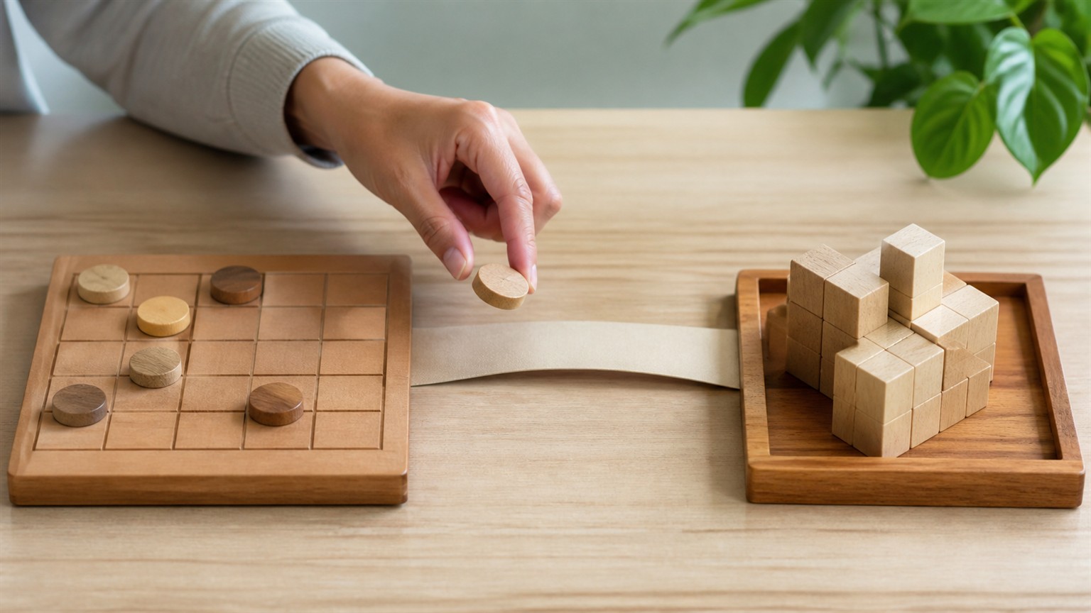 A hand moving a wooden token between a logic board and a spatial block puzzle setup.
