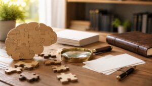 Wooden puzzle pieces, blank cards, a magnifying glass, and a closed journal arranged on a research desk.
