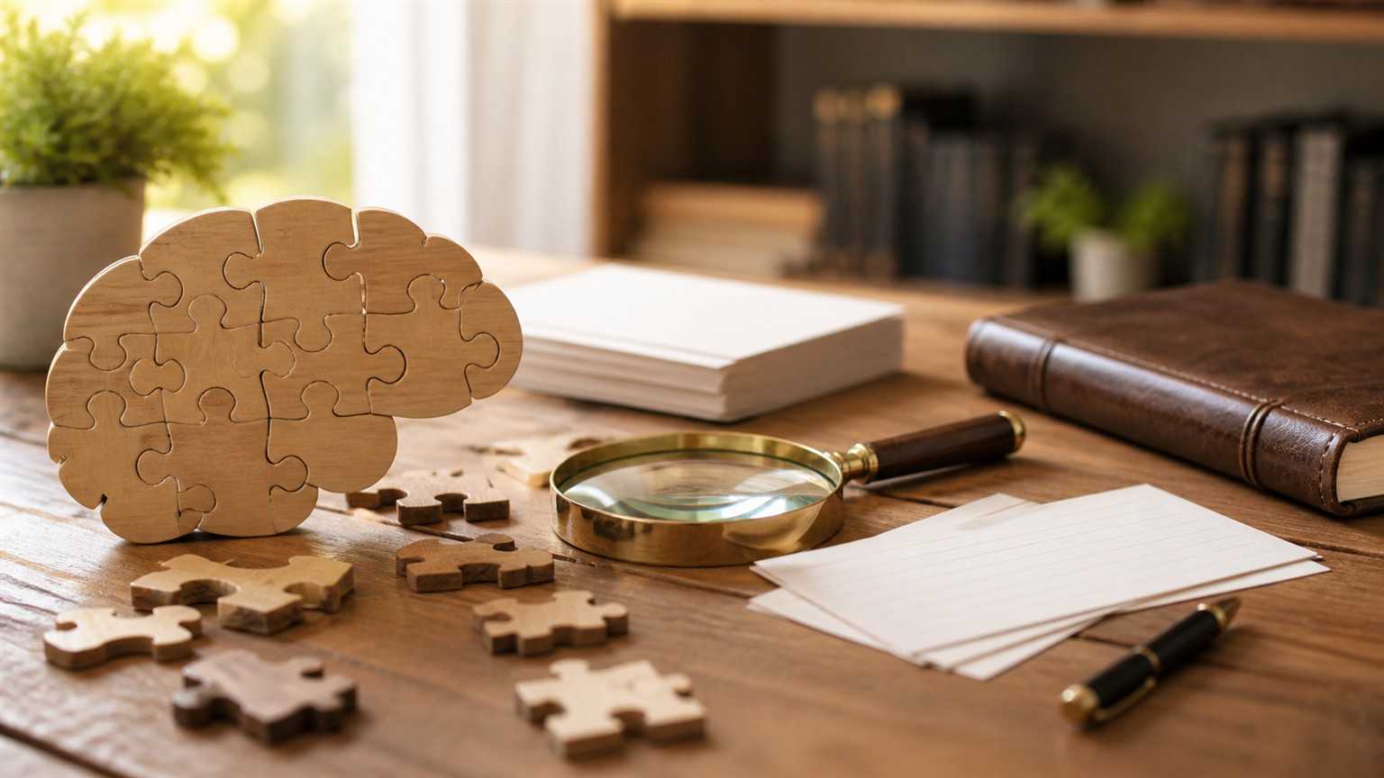 Wooden puzzle pieces, blank cards, a magnifying glass, and a closed journal arranged on a research desk.