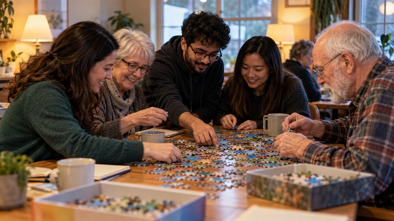 Ultra photorealistic community puzzle club scene with people solving together around a table.