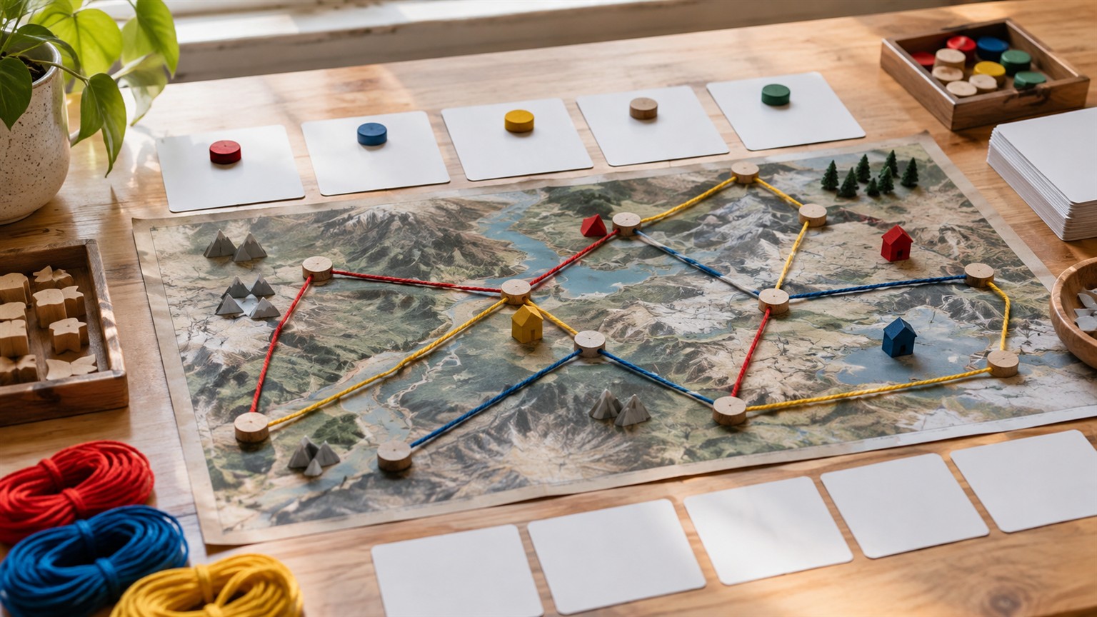 Ultra photorealistic puzzle convention workspace with organized clues and tactile components.