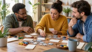 Ultra photorealistic collaborative puzzle table with shared tokens and group solving tools.