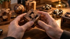Ultra photorealistic close view of mechanical puzzle craftsmanship and materials.