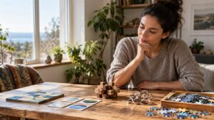 Ultra photorealistic puzzle selection scene with contrasting tactile puzzle objects.