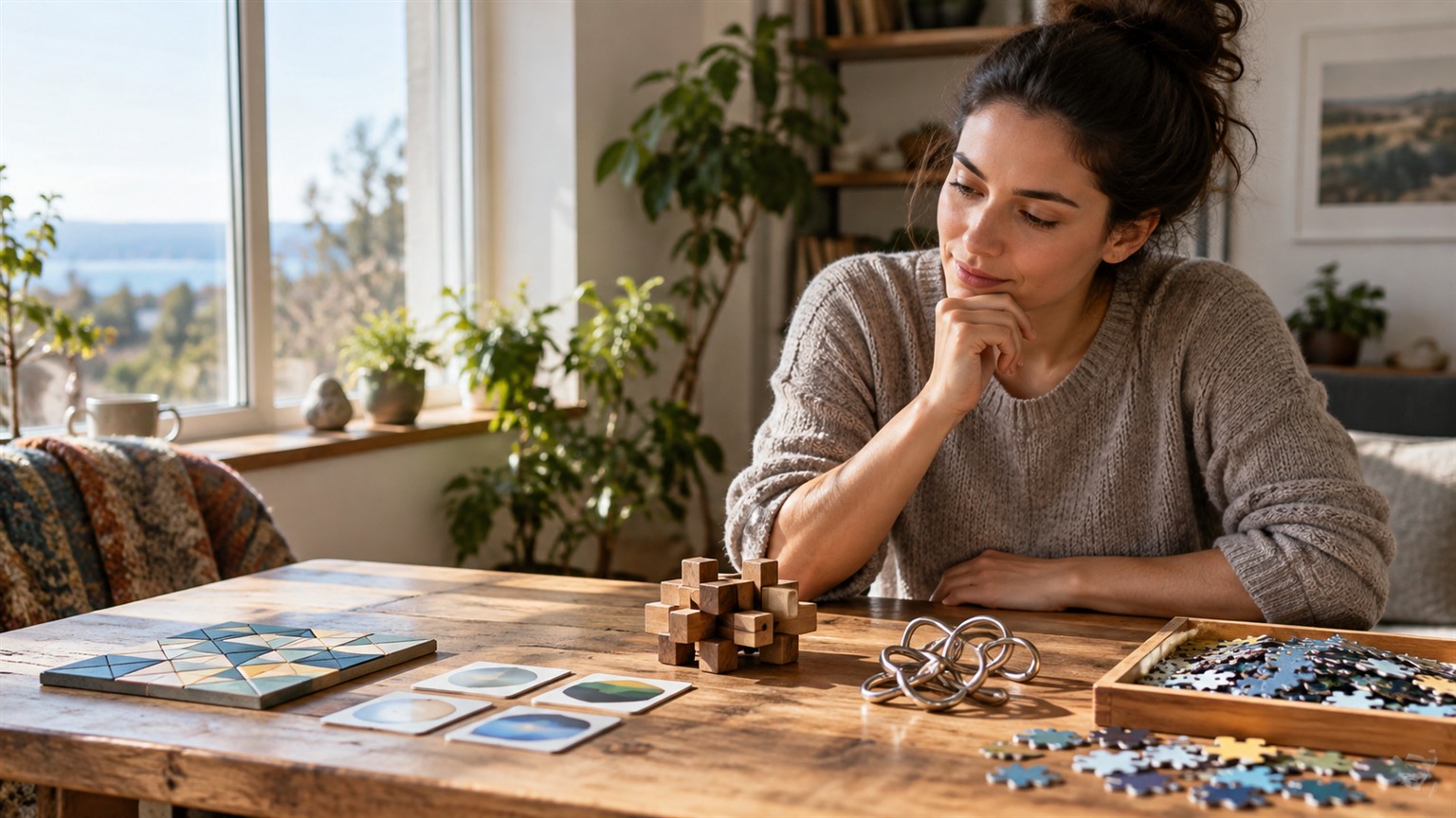 Ultra photorealistic puzzle selection scene with contrasting tactile puzzle objects.