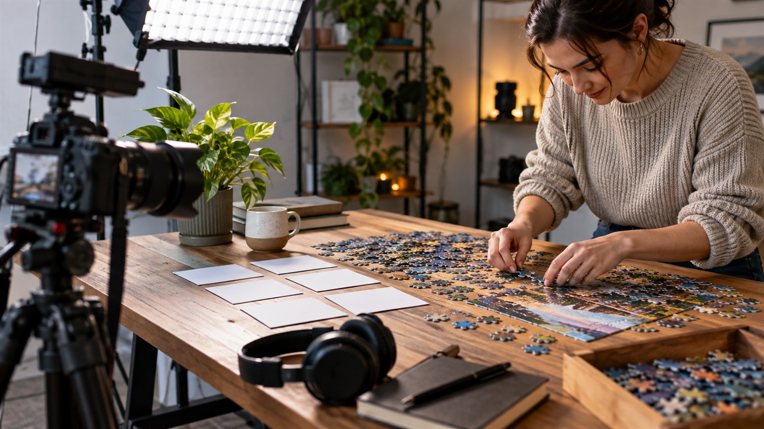 Ultra photorealistic puzzle video production setup with camera, lights, and puzzle table.