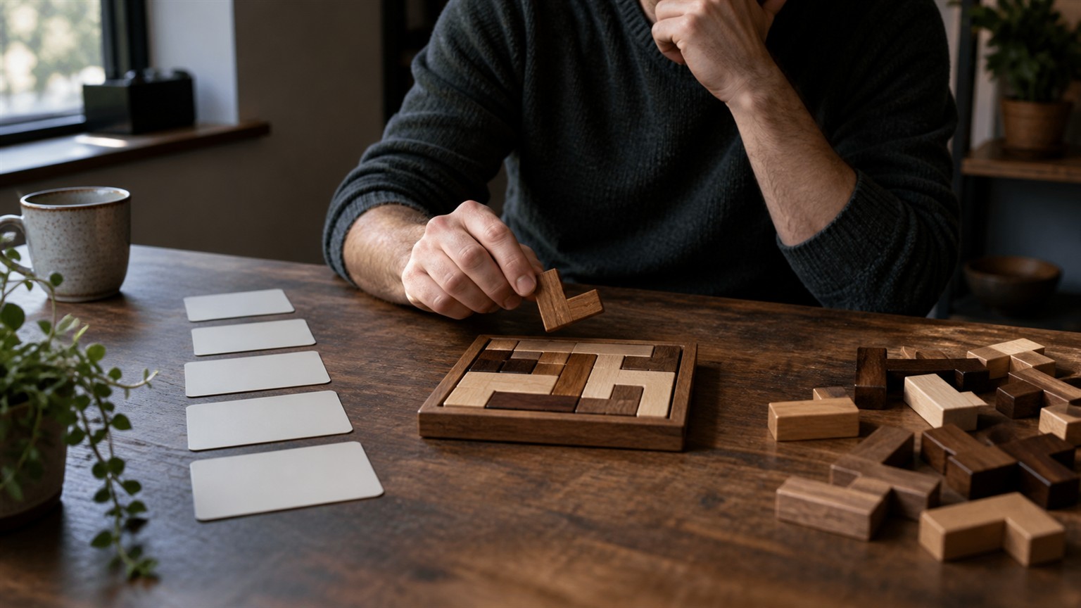 Ultra photorealistic puzzle table showing a tense comparison between fair challenge and confusion.