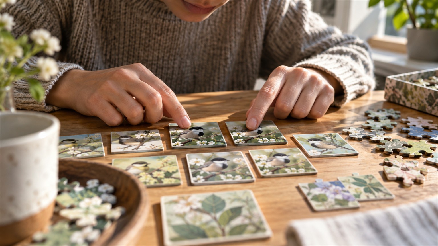 Ultra photorealistic tabletop scene focused on subtle differences in puzzle pieces.