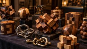 Ultra photorealistic gallery-style scene of wooden and metal mechanical puzzles.