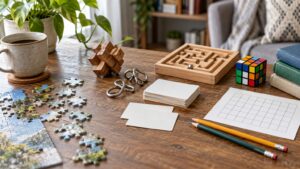 Ultra photorealistic beginner puzzle desk with varied puzzle objects arranged for learning.