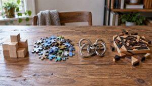 Ultra photorealistic lineup of puzzles increasing in visible complexity without labels.