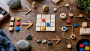 Ultra photorealistic puzzle-symbol scene using abstract marks and objects with no readable text.