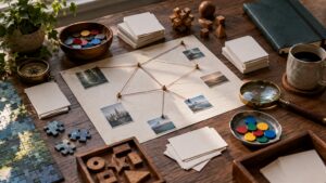 Ultra photorealistic puzzle vocabulary scene with clues, paths, tokens, and constraint objects without text.