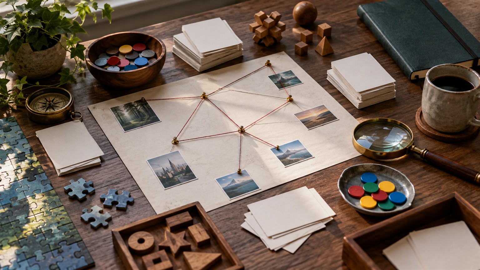 Ultra photorealistic puzzle vocabulary scene with clues, paths, tokens, and constraint objects without text.