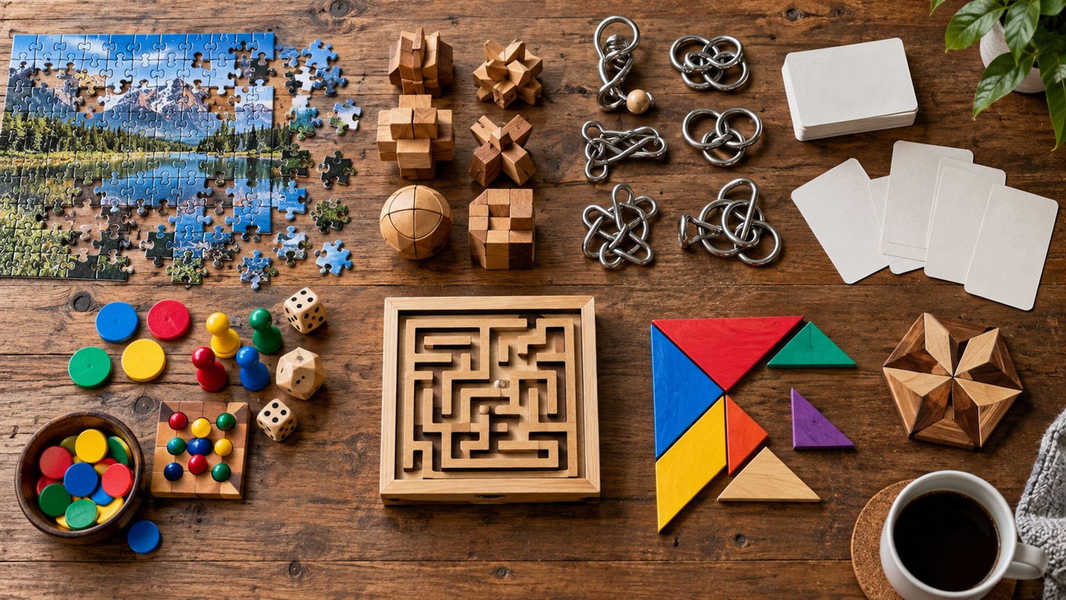 Ultra photorealistic arranged collection of distinct puzzle types on a studio tabletop.