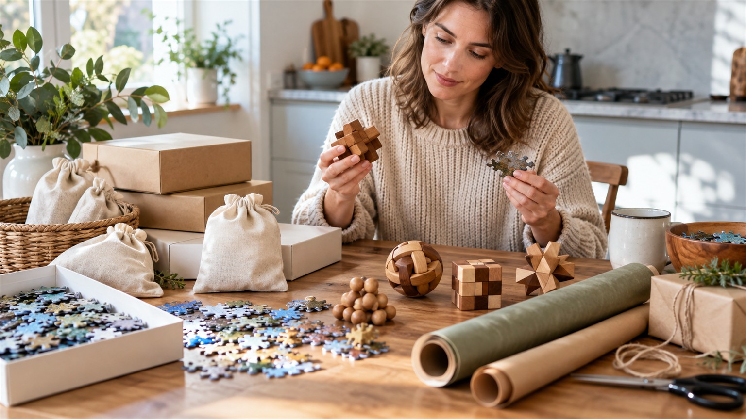 Ultra photorealistic puzzle buying scene with blank packages, wooden puzzles, and jigsaw pieces.