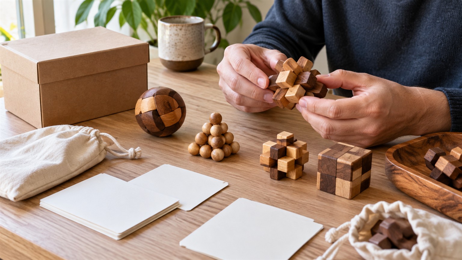 Ultra photorealistic puzzle review desk with premium tactile puzzle objects and careful inspection lighting.