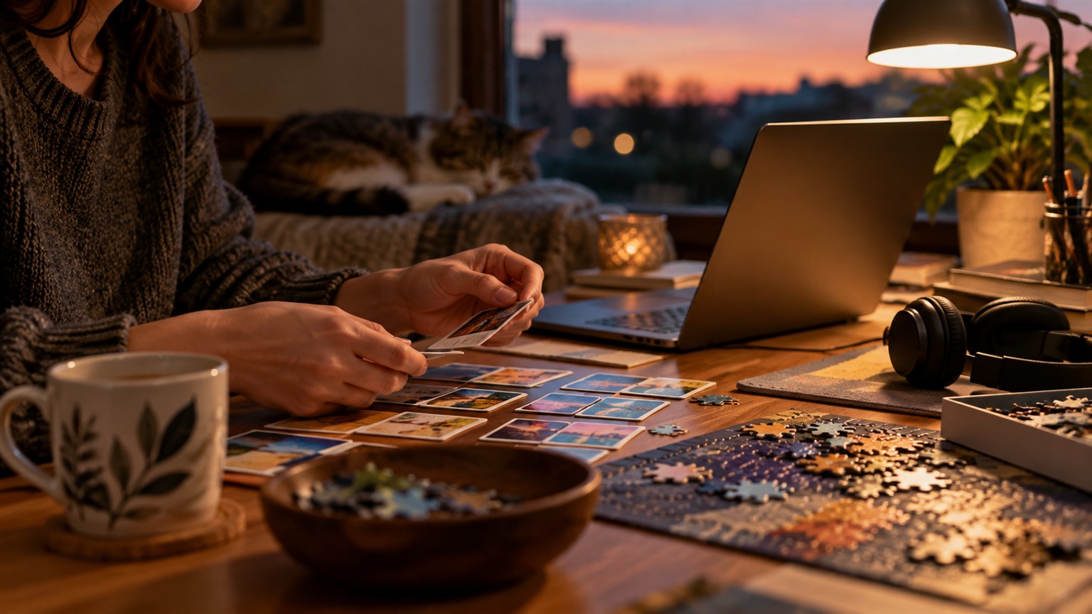 Ultra photorealistic remote puzzle desk with laptop, headphones, and tabletop puzzle pieces.
