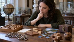 Ultra photorealistic tabletop scene comparing different hands-on puzzle forms.
