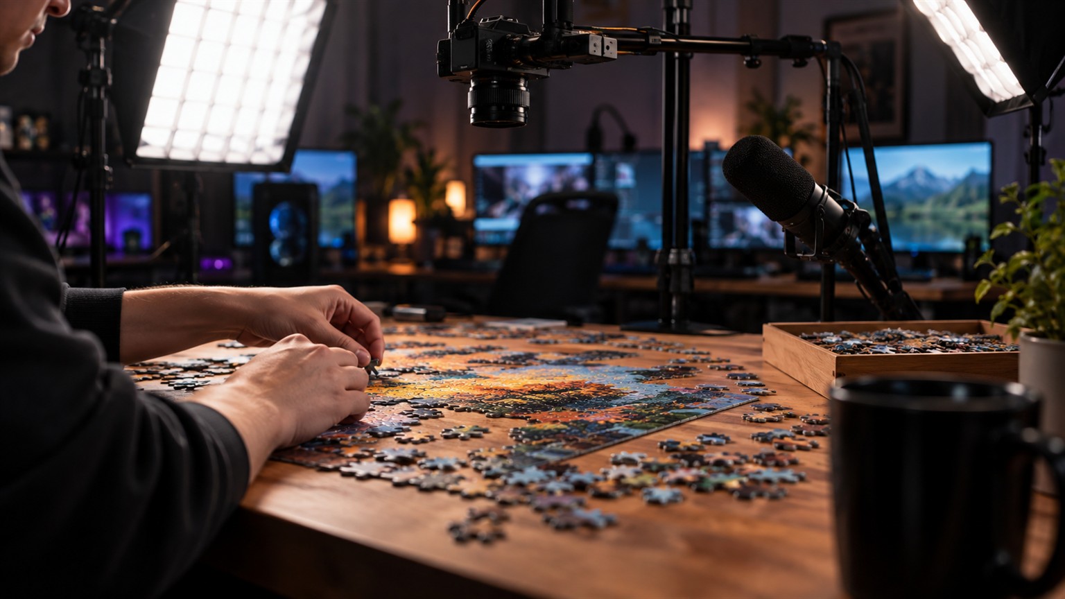 Ultra photorealistic puzzle streaming setup with camera rig, microphone, and tabletop puzzle.